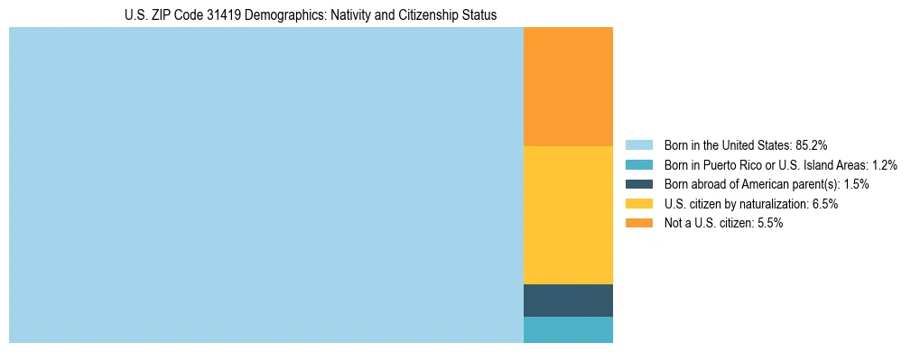 Treemap showing the population distribution by nativity and citizenship status in US ZIP Code 31419 based on U.S. Census data.