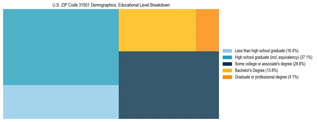 Treemap chart illustrating the educational attainment breakdown for population 25 years and over in US ZIP Code 31501.