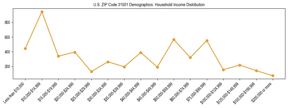 Horizontal bar chart showing household income distribution in US ZIP Code 31501.