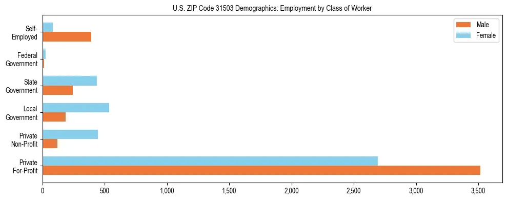 Horizontal bar chart showing employment distribution by class of worker and gender in US ZIP Code 31503, based on 2023 ACS data.