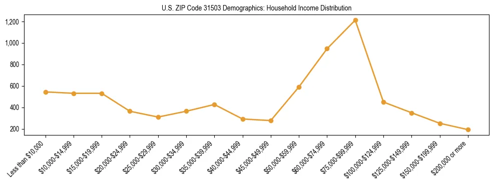 Horizontal bar chart showing household income distribution in US ZIP Code 31503.
