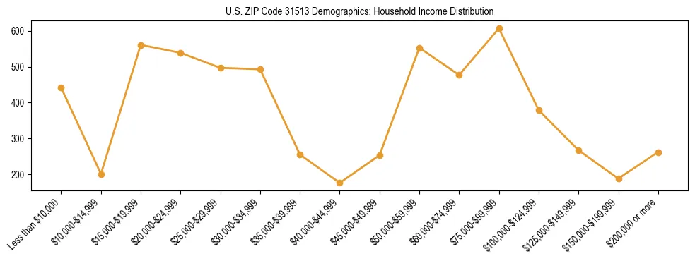 Horizontal bar chart showing household income distribution in US ZIP Code 31513.