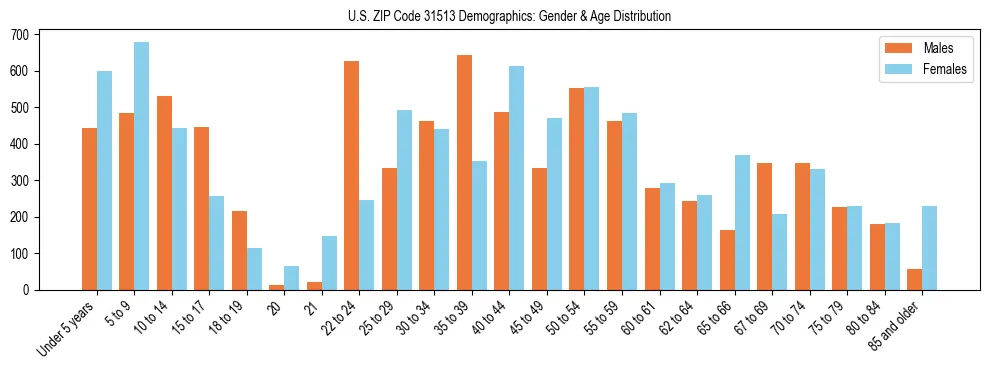 Bar chart showing the population distribution of US ZIP Code 31513 by age group and gender, based on 2023 ACS data.
