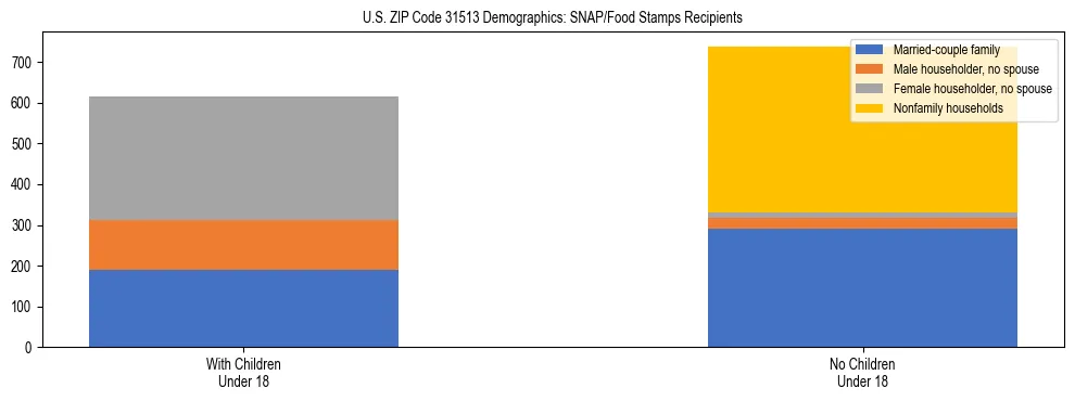 Stacked bar chart showing SNAP/Food Stamps recipient household composition by presence of children under 18 in US ZIP Code 31513, based on 2023 ACS data.