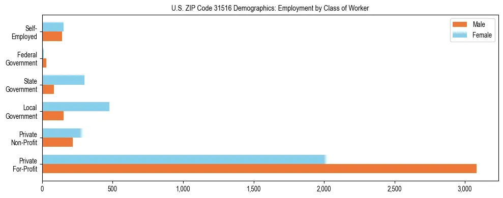 Horizontal bar chart showing employment distribution by class of worker and gender in US ZIP Code 31516, based on 2023 ACS data.