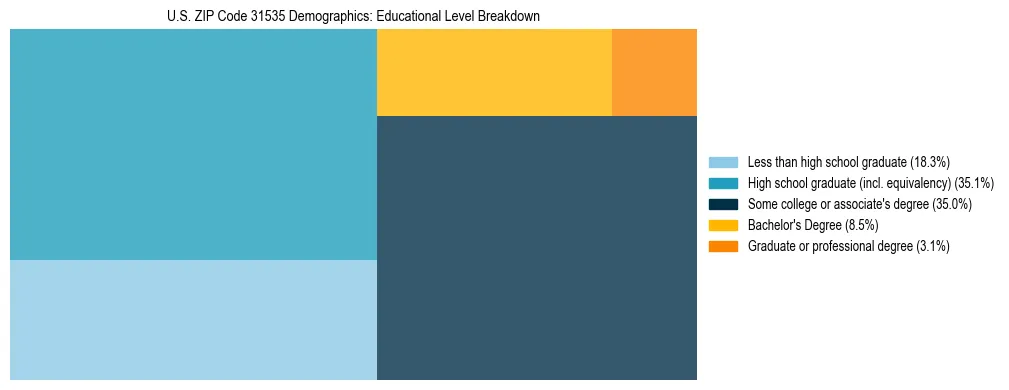 Treemap chart illustrating the educational attainment breakdown for population 25 years and over in US ZIP Code 31535.