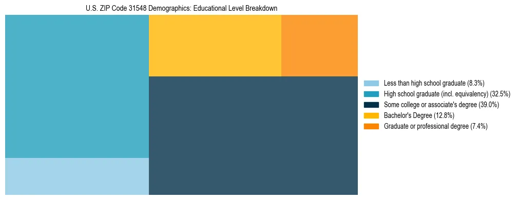 Treemap chart illustrating the educational attainment breakdown for population 25 years and over in US ZIP Code 31548.