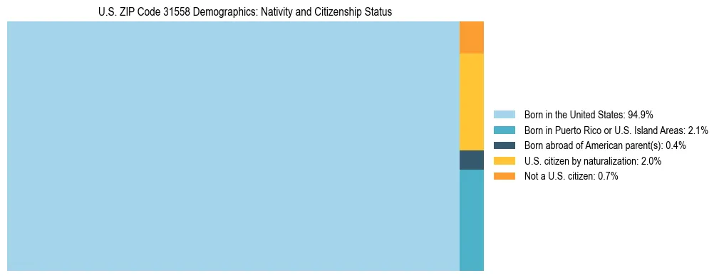 Treemap showing the population distribution by nativity and citizenship status in US ZIP Code 31558 based on U.S. Census data.