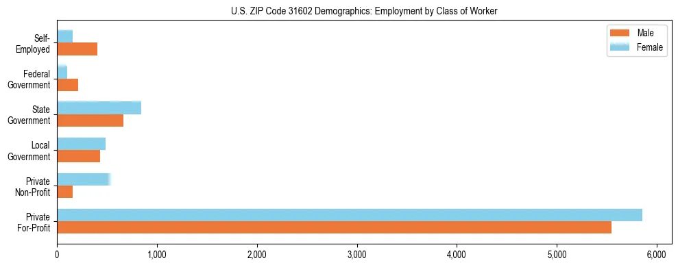 Horizontal bar chart showing employment distribution by class of worker and gender in US ZIP Code 31602, based on 2023 ACS data.