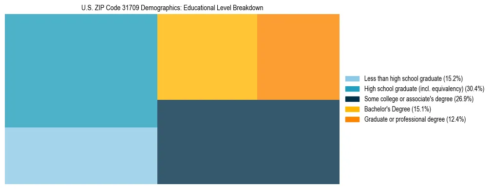 Treemap chart illustrating the educational attainment breakdown for population 25 years and over in US ZIP Code 31709.