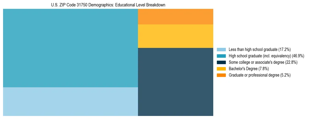 Treemap chart illustrating the educational attainment breakdown for population 25 years and over in US ZIP Code 31750.