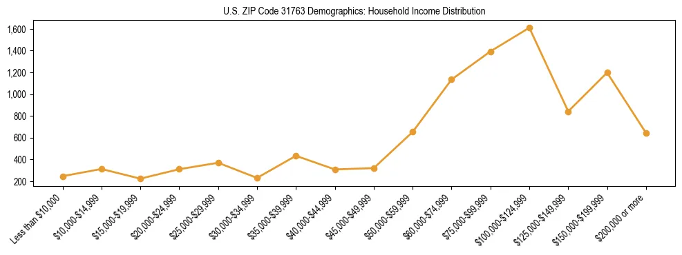 Horizontal bar chart showing household income distribution in US ZIP Code 31763.