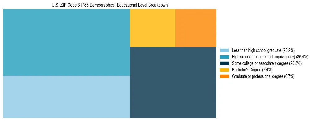 Treemap chart illustrating the educational attainment breakdown for population 25 years and over in US ZIP Code 31788.
