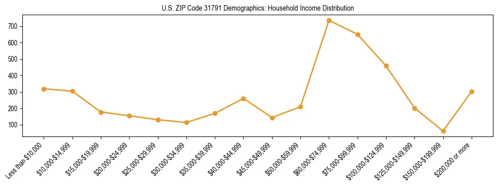 Horizontal bar chart showing household income distribution in US ZIP Code 31791.