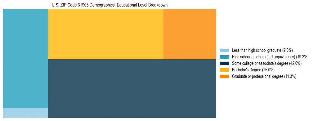 Treemap chart illustrating the educational attainment breakdown for population 25 years and over in US ZIP Code 31905.