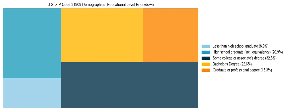 Treemap chart illustrating the educational attainment breakdown for population 25 years and over in US ZIP Code 31909.