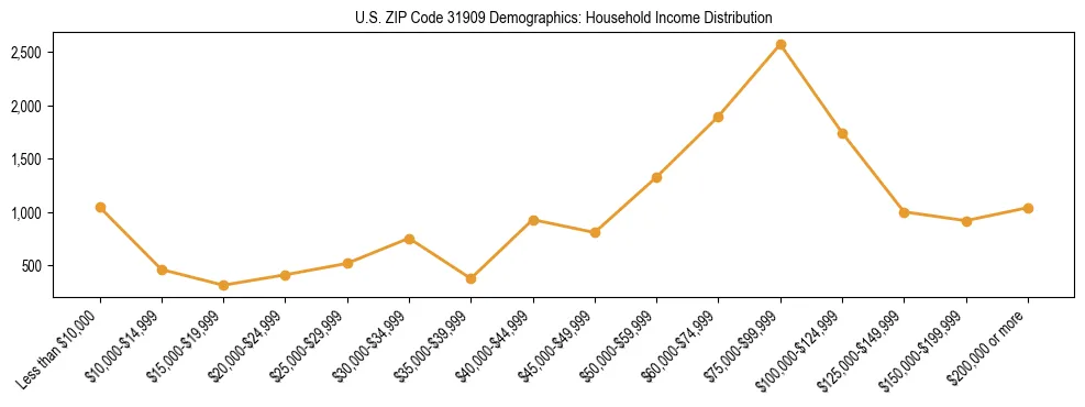 Horizontal bar chart showing household income distribution in US ZIP Code 31909.