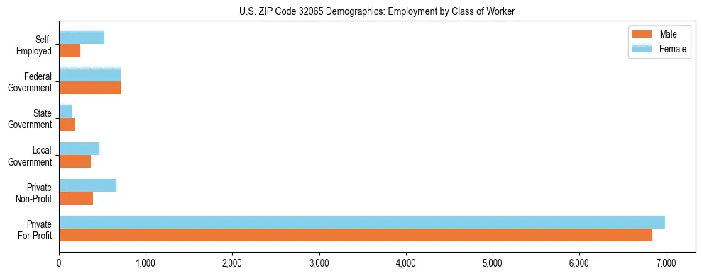 Horizontal bar chart showing employment distribution by class of worker and gender in US ZIP Code 32065, based on 2023 ACS data.