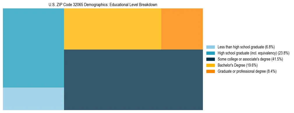 Treemap chart illustrating the educational attainment breakdown for population 25 years and over in US ZIP Code 32065.