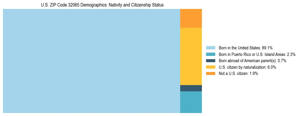 Treemap showing the population distribution by nativity and citizenship status in US ZIP Code 32065 based on U.S. Census data.
