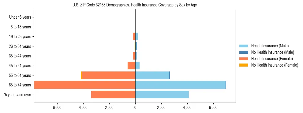 Pyramid chart showing health insurance coverage by age and sex in US ZIP Code 32163.