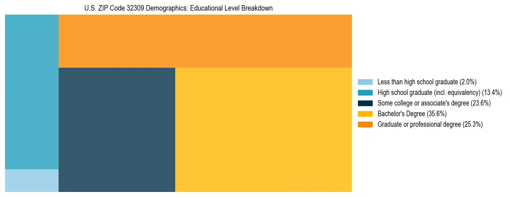 Treemap chart illustrating the educational attainment breakdown for population 25 years and over in US ZIP Code 32309.