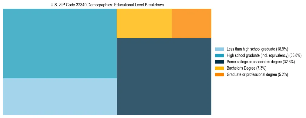 Treemap chart illustrating the educational attainment breakdown for population 25 years and over in US ZIP Code 32340.