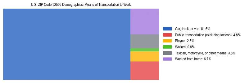 Treemap showing means of transportation to work distribution in US ZIP Code 32505.