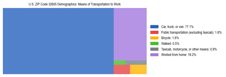Treemap showing means of transportation to work distribution in US ZIP Code 32605.
