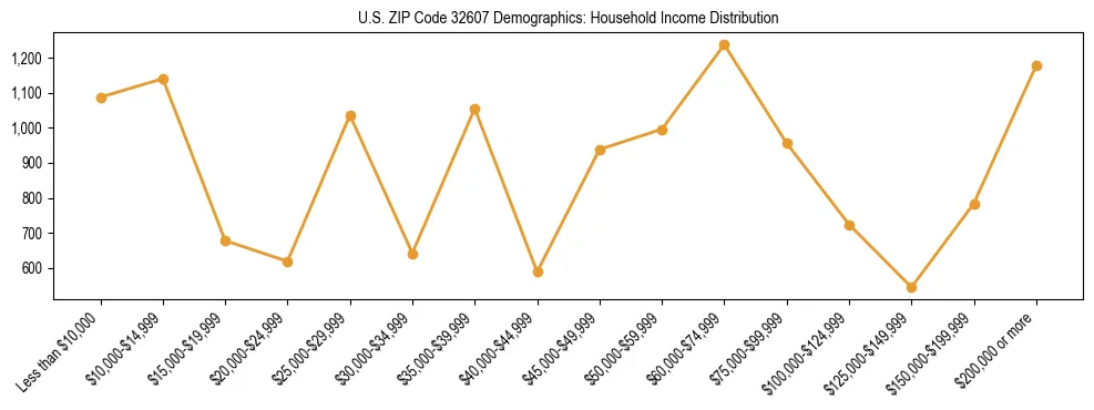 Horizontal bar chart showing household income distribution in US ZIP Code 32607.