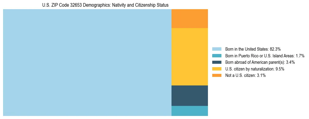 Treemap showing the population distribution by nativity and citizenship status in US ZIP Code 32653 based on U.S. Census data.