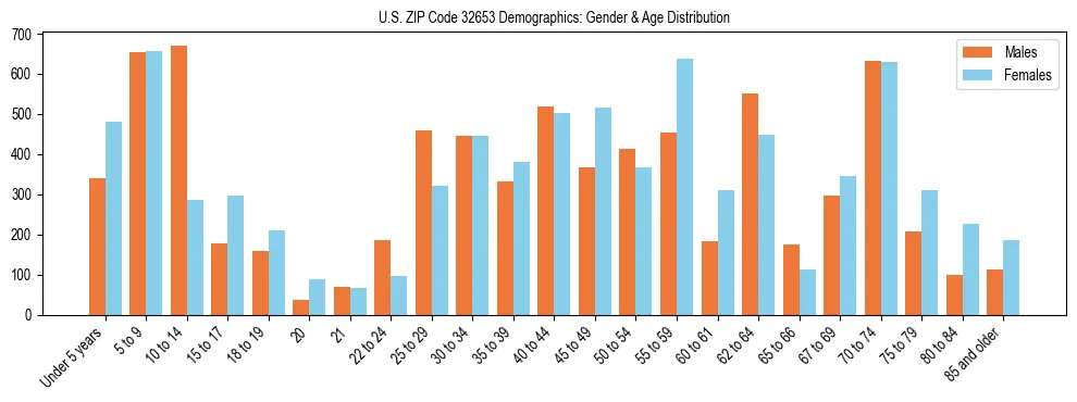 Bar chart showing the population distribution of US ZIP Code 32653 by age group and gender, based on 2023 ACS data.