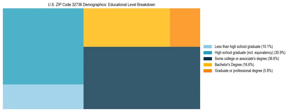 Treemap chart illustrating the educational attainment breakdown for population 25 years and over in US ZIP Code 32736.