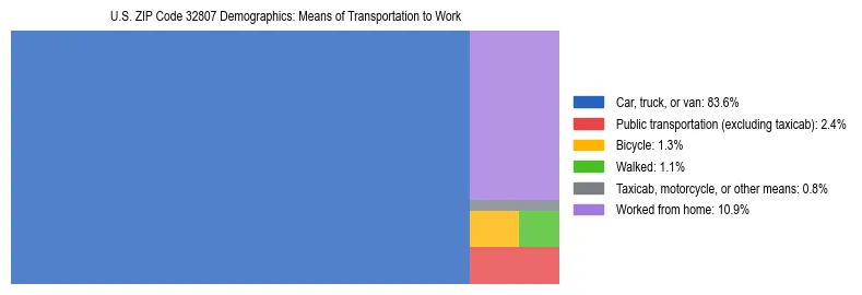Treemap showing means of transportation to work distribution in US ZIP Code 32807.