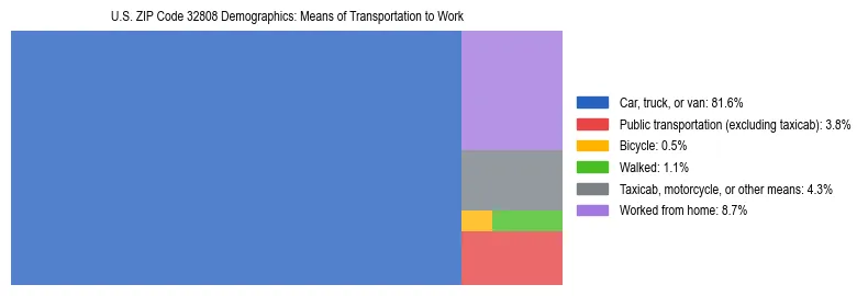 Treemap showing means of transportation to work distribution in US ZIP Code 32808.