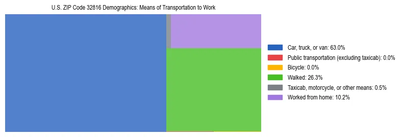 Treemap showing means of transportation to work distribution in US ZIP Code 32816.