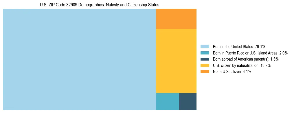 Treemap showing the population distribution by nativity and citizenship status in US ZIP Code 32909 based on U.S. Census data.