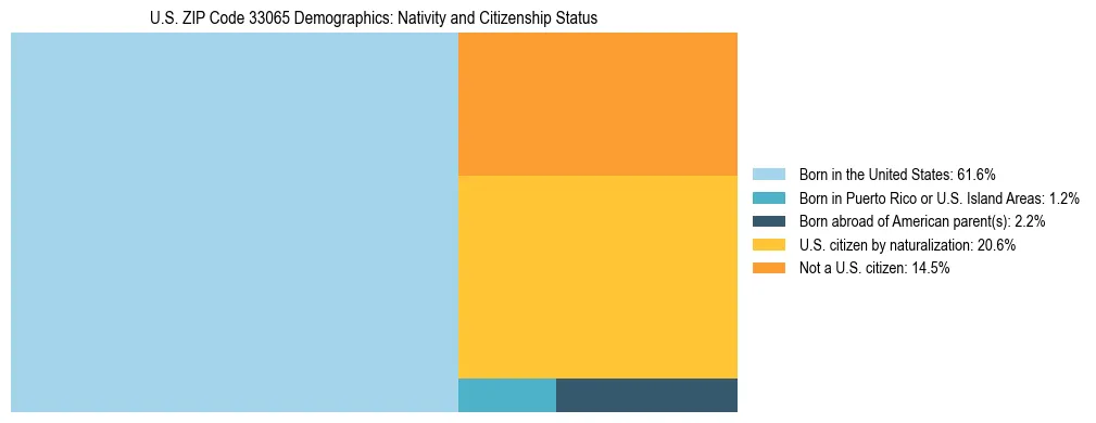 Treemap showing the population distribution by nativity and citizenship status in US ZIP Code 33065 based on U.S. Census data.