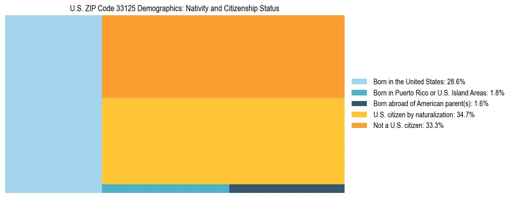 Treemap showing the population distribution by nativity and citizenship status in US ZIP Code 33125 based on U.S. Census data.