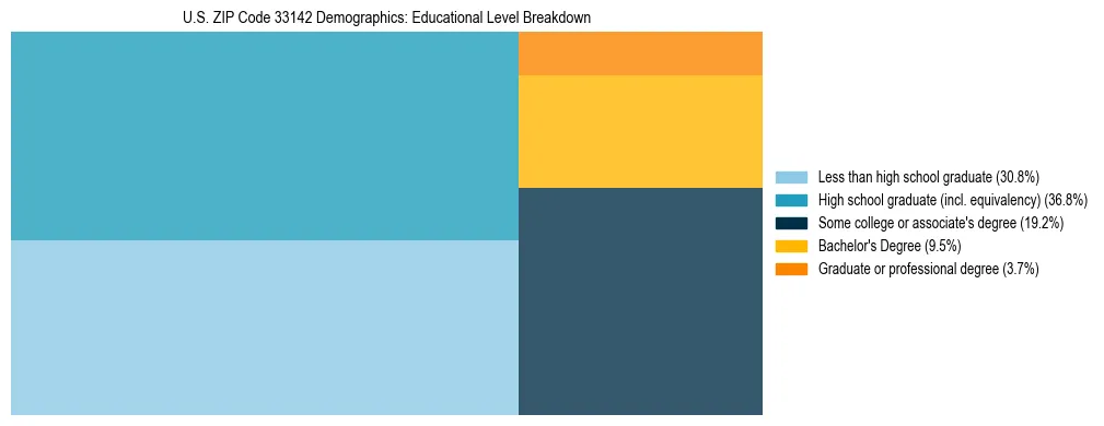 Treemap chart illustrating the educational attainment breakdown for population 25 years and over in US ZIP Code 33142.