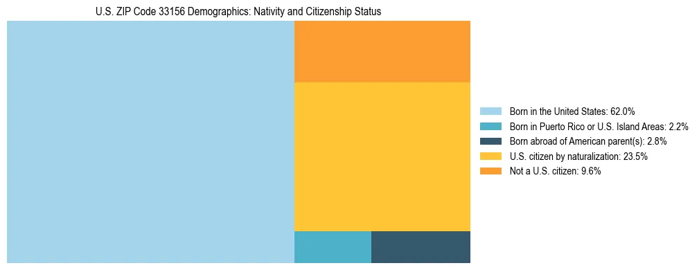 Treemap showing the population distribution by nativity and citizenship status in US ZIP Code 33156 based on U.S. Census data.