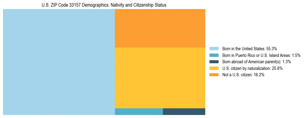 Treemap showing the population distribution by nativity and citizenship status in US ZIP Code 33157 based on U.S. Census data.