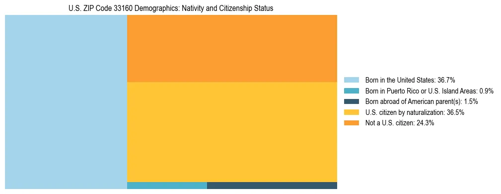Treemap showing the population distribution by nativity and citizenship status in US ZIP Code 33160 based on U.S. Census data.