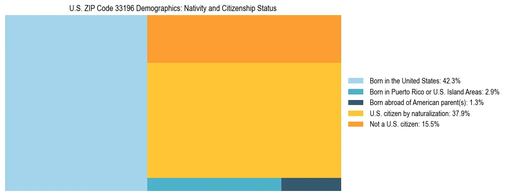 Treemap showing the population distribution by nativity and citizenship status in US ZIP Code 33196 based on U.S. Census data.