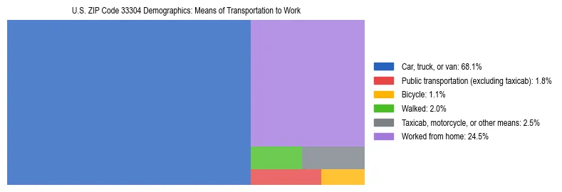 Treemap showing means of transportation to work distribution in US ZIP Code 33304.