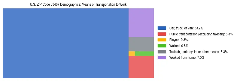Treemap showing means of transportation to work distribution in US ZIP Code 33407.