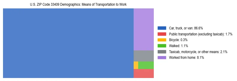 Treemap showing means of transportation to work distribution in US ZIP Code 33409.