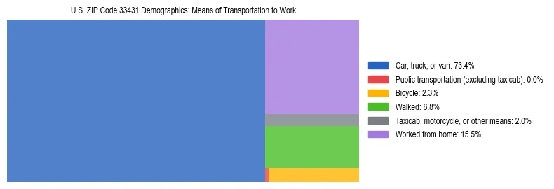 Treemap showing means of transportation to work distribution in US ZIP Code 33431.