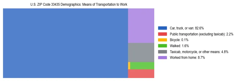 Treemap showing means of transportation to work distribution in US ZIP Code 33435.