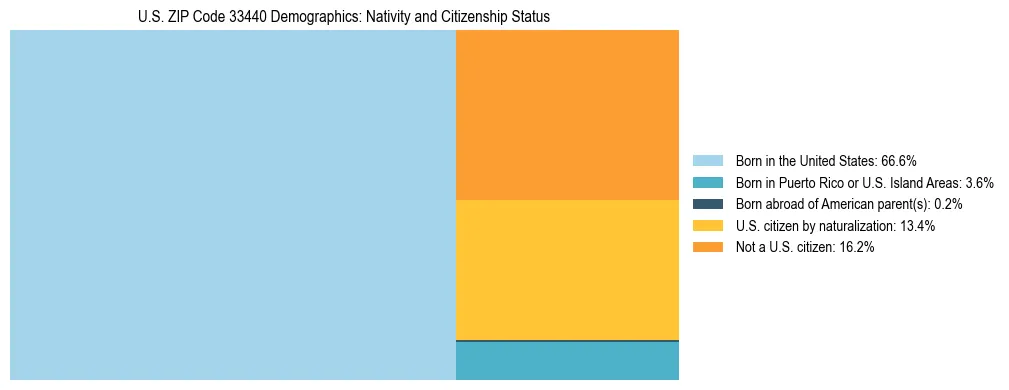 Treemap showing the population distribution by nativity and citizenship status in US ZIP Code 33440 based on U.S. Census data.